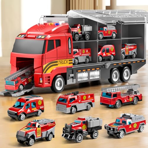 NIPLOOOW Kids Boys Toys for 3-5 Years Old, Fire Truck Vehicle Set with Play Mat and Die-Cast Toy Car, Transport Carrier Truck for Kids 3-5, Birthday Gifts Toys for 3-8+ Year Old Boys