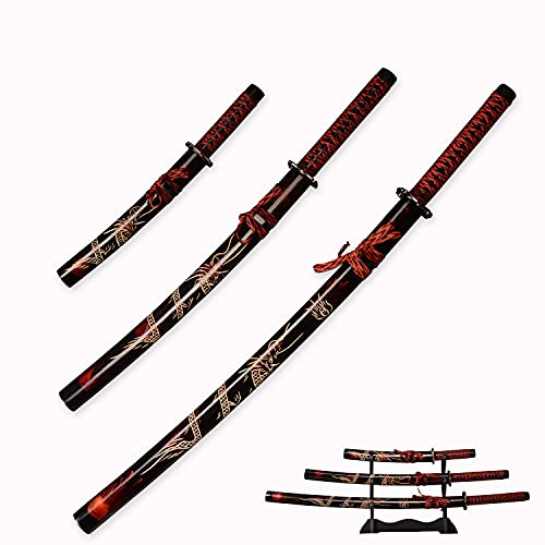 HIMMEL STORE 3pc Set japanische Samurai-Schwert mit Display-Ständer, Iaido Katana mit Drachen-Muster auf der Scheide, Samurai-Schwert-Set Für Dekoration und Sammlung