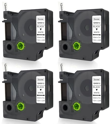 DOREE 4 Pack Etikettenband 12 mm x 7m 45013 S0720530 Schwarz auf Weiß | 12mm Kunststoff a45013 label tape uv resistant Kompatibel mit dymo etikettenband Dymo LabelManager 160 210D 280 360D 420P