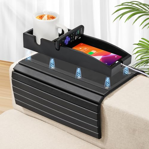 Couch-Getränkehalter, 3-in-1 magnetisches abnehmbares Couch-Armlehnentablett, Bambus-Sofa-Armlehnentisch mit Anti-Rutsch-Pad, Sofa-Armlehnentabletttisch (schwarz)
