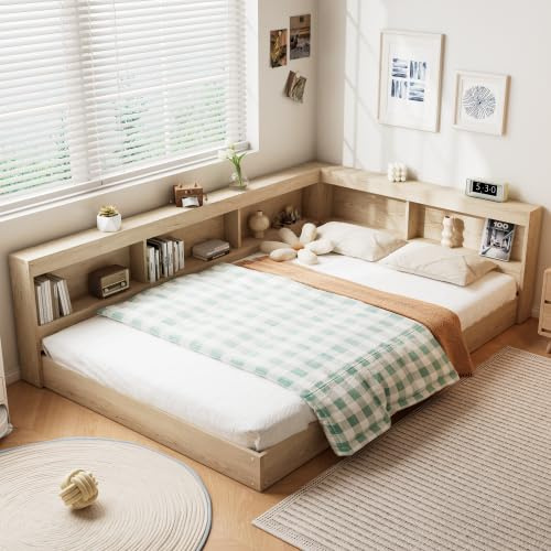 4ft6 Double Bed Frame Daybed with Storage Compartments, Functional Wooden Platform Bed Frame with Slats, Storage Bed Sofa Bed Guest Beds for Adults Kids Teenagers, MDF+Plywood, No Mattress, White Oak