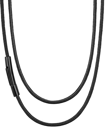 Suplight Black Leather Necklace Cord for Men Women, Width 2mm/3mm, 16-30 Long, Waterproof Stainless Steel Clasp for Jewellery Making, Custom Name Available, with Gift Packaging