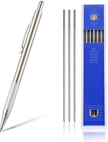 Bleistift Druckbleistift,Druckbleistift 2mm Kunstzeichnungsbleistift Allmetall Design 12 Ersatzminen 2B Anti-Rutsch Komfortgriff Mini-Spitzer für Entwurfszeichnung, Tischler, Basteln, Art Skizzieren