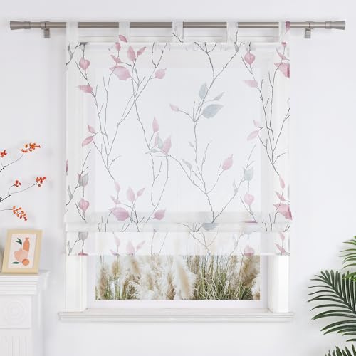 Yujiao Mao Voile Raffrollo mit Schlaufen Blattmuster Modernes Zeitloses Schlaufenrollo Küchenrollo für Fenster,violett B120*H140cm