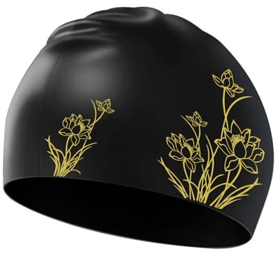 Badekappe Damen, Bademütze Erwachsene Lange Haare, Badehaube Jugendliche, Lotus-Muster