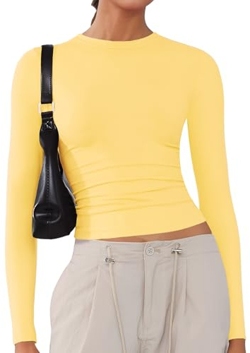 Chemises douces à manches longues et col rond pour femme, T-shirts basiques extensibles pour sortir, hauts courts Y2K coupe ajustée, jaune vif, Taille S