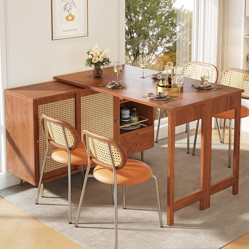 Ligterra Um 360° Drehbarer Stehtisch, Brauner Stehtisch mit Erweiterbarem Design, Aufbewahrungsschrank mit Rattantür + offenes Lagerregal, geeignet für Küche und Esszimmer Holzfarbe