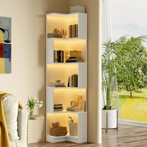 Mielvu - Scaffale angolare per libri 63,5 x 45 x 175 cm, scaffale multifunzionale, scaffale a L, striscia luminosa LED con cambio colore, telecomando/app di controllo, spazio di archiviazione a cinque