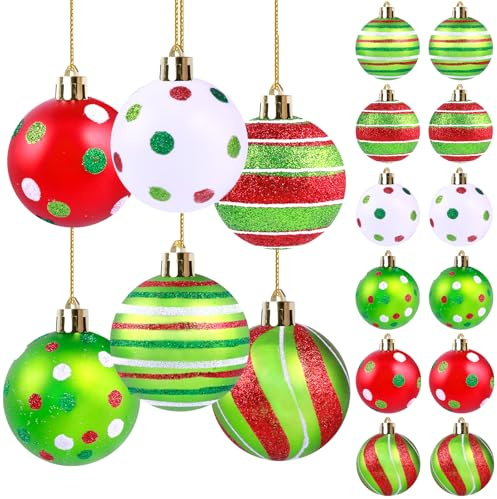 Morofme 6cm Weihnachts Kugeln Set 12 Stück, Plastik Weihnachtskugeln mit Umhängeband, Bruchsichere Glitzernde Rote Grüne Kunststoff Weihnachtskugeln für Neujahr Feiertag Party Dekorationen