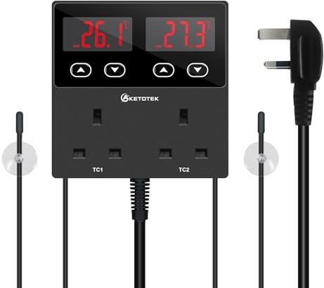 KETOTEK KT99pro Dual Digital Reptile Thermostat Plug Temperature Controller Outlet 10A Relay Heating Cooling thermostatic socket with Waterproof Sensor