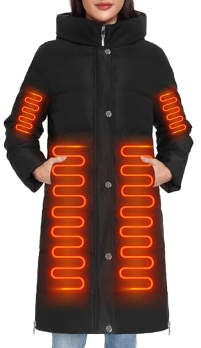 HEEKPEK Women’s Heated Long Down Jacket with Hood, 8 Heating Zones Water-Repellent Winter Heated Outerwear Coat for Women(Black,M)