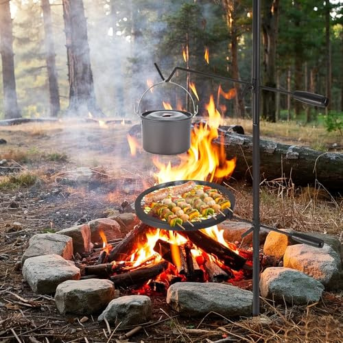 Adjustable Swivel Fire Pit BBQ Grill, Heavy Duty Steel Swivel Campfire Grate, Garden Tripod Barbecue Cooking Grill for Outdoor Camping BBQ Open Flame Cooking - 62x62cm