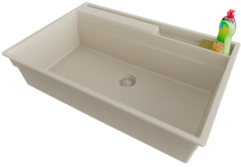 PRIMAGRAN Lavello da Cucina Beige 78x53cm, Lavandino in Granito a 1 vasca + Sifone Classico, Lavabo Incasso al mobile 80cm - Oslo Pocket