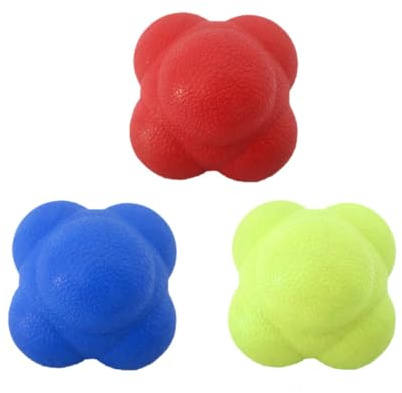 HONITANO 3 Piezas Pelotas de Reacción Hexagonales para Entrenamiento de Agilidad Rebote Impredecible Rojo Azul Amarillo para Deportes como Béisbol Tenis y Badminton