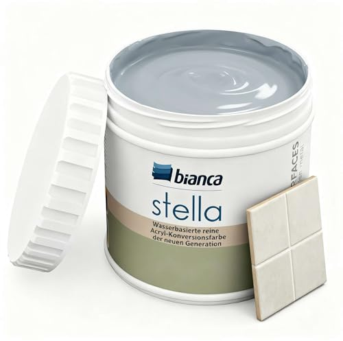 Bianca Stella Fliesenfarbe Ohne Schleifen - Wasserbasierter Parfümierter Fliesenlack für Badezimmer, Küche, Bodenfliesen, Wandfliesen - Nebelgrau, Glänzend, Kratzfest, Hochdeckend, 500ml