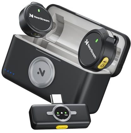 NearStream Microfono Lavalier Wireless con Cancellazione del Rumore & Modalità Silenziosa, Compatibile con Smartphone Android, iPhone, iPad, Laptop,PC, 50m di Distanza,1 RX+2 TX+1Custodia di Ricarica