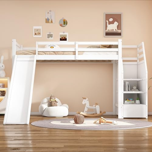 Oxtao Hochbett 90x200cm, Kinderbett mit Rutsche und Stauraumtreppe, Leiterposition optional, Abnehmbarer Zaun, Funktionsbett mit Rausfallschutz, für Jungen & Mädchen, Ohne Matratze
