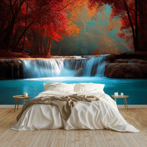 Moda Art Papel Tapiz Paisaje Natural Cascada Árboles Arte Mural de Papel Pintado 200x140 cm Fotomural Decoración de Papel Tapiz Fondo de Pared de Tv de Fotografía, Rojo