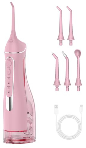 Water Flosser for Teeth Cleaning: Cordless Portable Water Dental Pick, 4 Modes Rechargeable Oral Irrigator with 5 Nozzles, 300ML IPX7 Waterproof Electric Flossers for Braces, Travel & Home Use, Pink