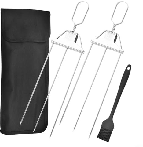 Brochettes de barbecue à 3 broches en acier inoxydable pour brochettes, viande, légumes, poisson, crevettes, fruits, outil à brochette réutilisable (2 pièces + brosse)