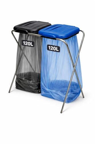 ENTIGO Müllsackständer 120 l, Müllsackhalter, Ständer für Müllsäcke, Abfalltrenner Müllbeutelhalter rostfrei innen außen, Klappe mit Beutelhalter, recycelter Kunststoff (Schwarz+Blau)