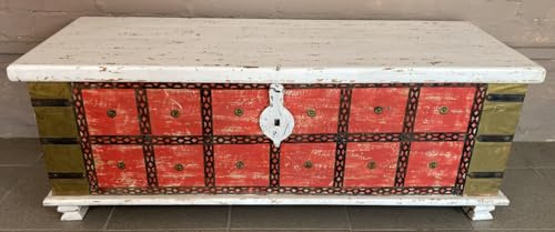 GURU SHOP Antike Holzbox, Holztruhe, Couchtisch, Kaffeetisch aus Massivholz, Aufwändig Verziert - Modell 18, 40x112x43 cm