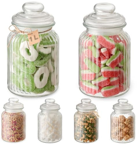 Praknu Barattolo per Caramelle in Vetro – Set 6 x 1L – Con Coperchio ed Etichette – Stile Vintage – Per Feste, Matrimonio e Cucina – Lavabile in Lavastoviglie – Per Dolci e Biscotti