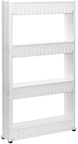 EYEPOWER Nischenregal mit 4 Ebenen - 12,5 cm Schmales Regal auf Rollen - Bad Nischenwagen Nischenschrank Küche Küchenwagen Schmal Mini Schrank Toiletten Organizer Nischenschrank Badezimmer Regal