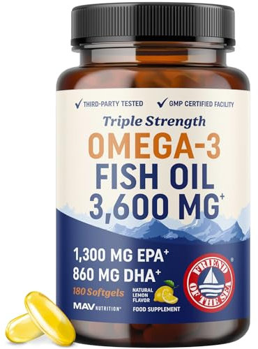 Omega-3 Fish Oil Supplement 3600 mg | EPA & DHA | Best Source of Omega 3 | Ultimate Brain, Joint, & Eye Health Support for Men & Women | Non GMO Burpless Lemon Softgel Capsules 2000mg Plus (180 Pills)