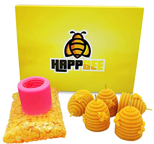 HappBee® Set Bienenwachskerzen gießen komplett mit Silikonform, Dochten 200 g reinem natürlichen Marken Bienenwachs 5 selbstgemachte Kerzen basteln auch als tolles Geschenk