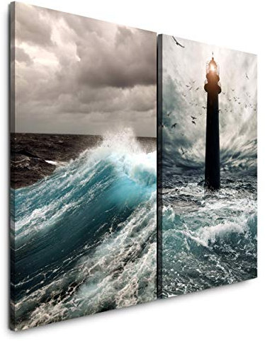 Paul Sinus Art Leinwandbilder 2 Stück je 40x60cm Sturm Meer Leuchtturm Licht