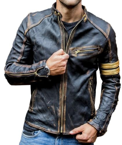 Mens Real Leather Biker Cafe Racer Vintage Motorcycle Distressed Black Genuine Leather Jacket (3XL)
