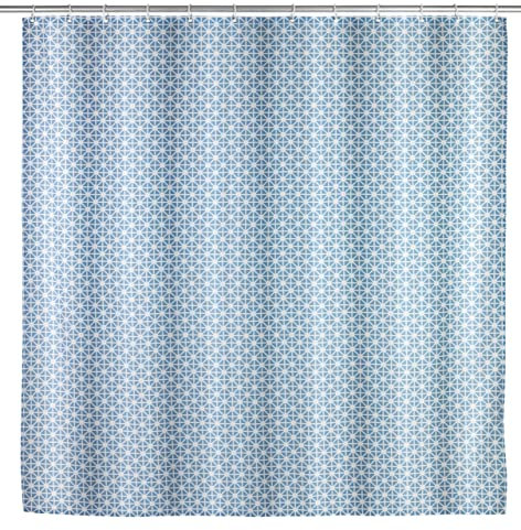 WENKO Anti-Schimmel Duschvorhang Cristal, antibakterieller Textil-Vorhang mit Antischimmel Effekt, waschbar, wasserabweisend, mit 12 Ringen zur Befestigung an der Duschstange, 180 x 200 cm, Blau/Weiß