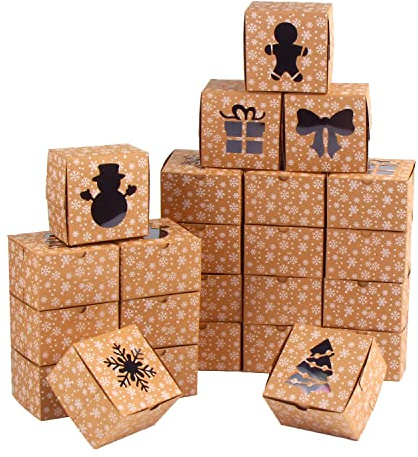 CCINEE Christmas Brown Cardboard Bakery Boxes, 24 Pack 4x 4x 2.5 Mini Cookie Boxes with Window Kraft Cake Box for Xmas Cupcakes Cookies Brownies Donuts Truffles Gift-Giving.