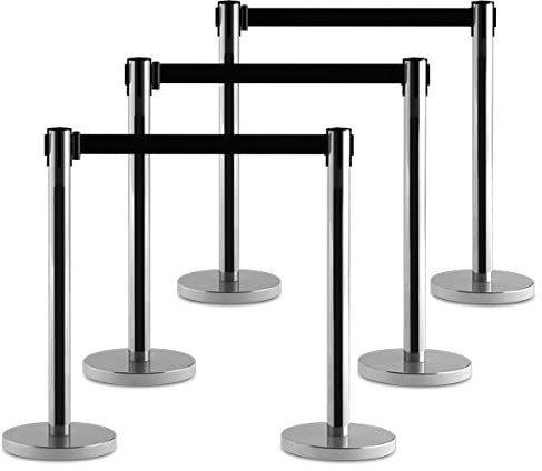 GIANTEX 6x Absperrständer Personenleitsystem, Absperrpfosten Metall Edelstahl, Absperrungen Abgrenzungsständer mit 2 m Absperrband schwarz, Abgrenzungspfosten für Flughafen, Ausstellung, roter Teppich
