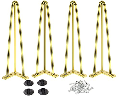 Osring 61 cm Haarnadel-Tischbeine mit 1,27 cm Durchmesser, 3 Stangen, Metall-Möbelbeine für Couchtisch und Konsolentisch, Mid-Century Gold Hairpin Legs mit Haarnadel-Bodenschutzfüßen, 4 Stück