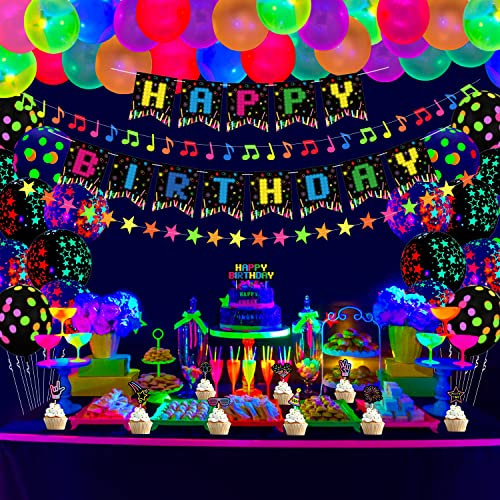 68 Pcs suministros para fiestas que brillan en la oscuridad pancarta de cumpleaños luz negra UV decoración reactiva para tartas remolino globos fluorescentes de neón decoraciones para fiestas de neón