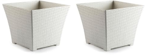 AC - Pack de 2 macetas Cuadrada - Fabricación en plástico – Diseño Rattan – Ideal como macetero, Tiesto, Recipiente para Plantas, Flores, balcón, terraza, jardín – 25 cm – Color Blanco Marfil