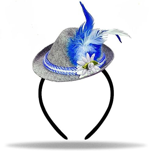 Hatstar Mini Seppelhut mit Haarreif, Miniatur Trachtenhut mit Feder in Blau, Kostüm Accessoire zum Oktoberfest Outfit für Damen und Herren