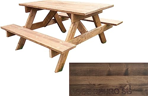 TOTAL WOOD 2012, Mesa de Picnic Camping, Jardín Madera Impregnada, Modelo Classico, Madera Maciza de Abeto, Conjunto de Camping Tablero + Asientos, Made in Italy (200x160x80, Nogal Oscuro SG)