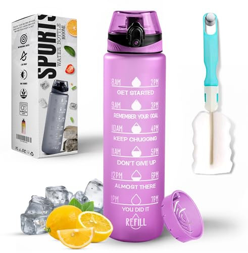Roe Tenpo Water Bottle 1L, Sports Water Bottle with Time Markings, BPA-Free, Leak-Proof Drinks Bottle, Perfect for Running, Cycling, Gym, Yoga, Camping and Outdoor Activities, Purple