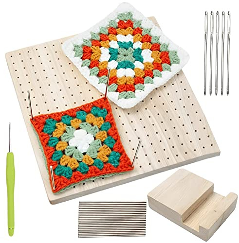 Handcrafted Wooden Blocking Board,Sperrbrett Für Granny Square, Superstabil Sperrbrett Häkeln Holz für Häkel und Strickprojekte,Full Kit with 20 Edelstahl Stabstiften,5 Nadeln,Base Stand Und Häkeln