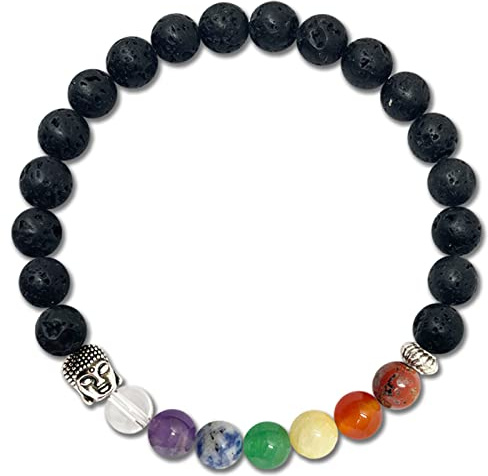 cotigo Pulsera Chakras de 7 piedras, Pulsera Piedras Naturales - Pulsera Bolas con Elástico, Pulsera Energética Yoga para Mujer o Hombre (VOLCANICA)