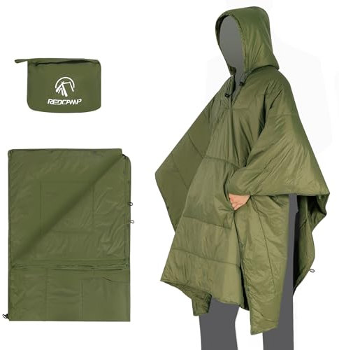 REDCAMP Wearable Camping Blanket Lightweight, Multifunctional Warm Travel Quilt Waterproof, Compact Wearable Poncho with Detachable Hood for Camping, Hiking (Army Green)