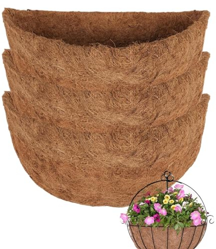 3Pack Natural Coco Fiber Liners for Half Round and Trough Hanging Baskets - 14 inch Sizes - Indoor and Outdoor Garden Porch & Balcony Planter Liner Replacement, 8AG4LH5T2KRI1KDSTDO3