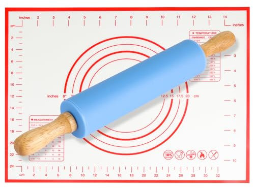 Trukafie Rodillo de silicona,Rodillo Amasar Cocina con Mango de Madera, Antiadherente Rodillo Masa con Almohadillas Silicona con Marcas de Medición para Fondant, Pastelería, Pizza, Pastas (Azul)