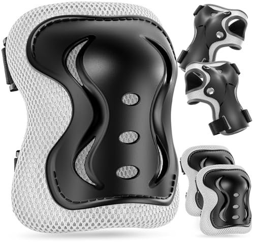 LEIKEEGO Kids Knee and Elbow Pads, 6PCS Protective Gear Set, Adjustable Knee Pads for Cycling, Skateboarding, Scooting, Roller Skating, Inline Skating (Black)