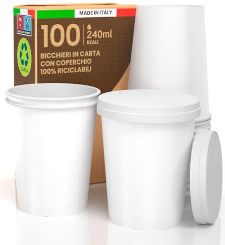 100 Bicchieri Caffè ASPORTO in Carta Bianchi 240ml + 100 Coperchi in Carta con Beccuccio Bevande Calde e Fredde Tè Infusi Acqua Cappuccino Ecologici Biodegradabili Tazze Monouso Made in Italy