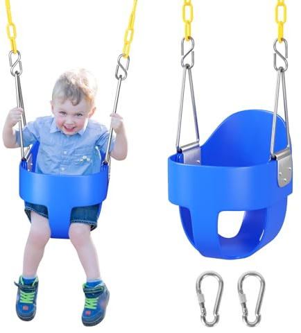 DECORLIFE Toddler Swing Seat, Outdoor Baby Swing with Coated Chains, Heavy Duty High Back Full Bucket Swing Chair with Ant-Loosening Carabiners, Fully Assembled Swingset Accessories for Backyard, Blue