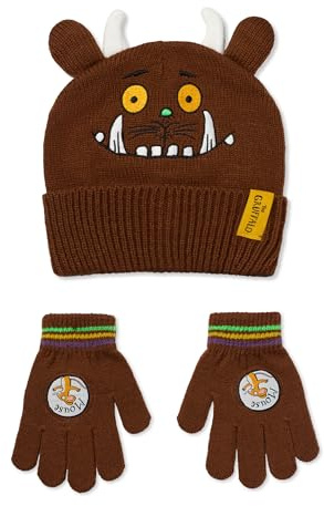 Gruffalo The Kinder-Set aus Mütze und Handschuhen | Wintermütze mit Charakter-Neuheitsgesicht für Kinder mit 3D-Ohren und Hörnern in Braun | Gestreifte Strickhandschuhe